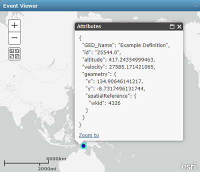 GeoEvent attribute data viewed in a pop-up in the Event Viewer window